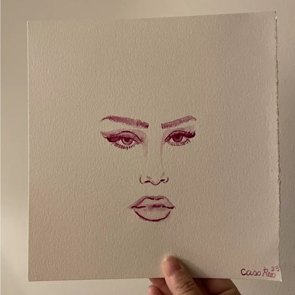 🎥 Female Face Portrait Watercolor Minimalist OOAK Original On Paper 9 x 9 inch - Picture 2 of 2